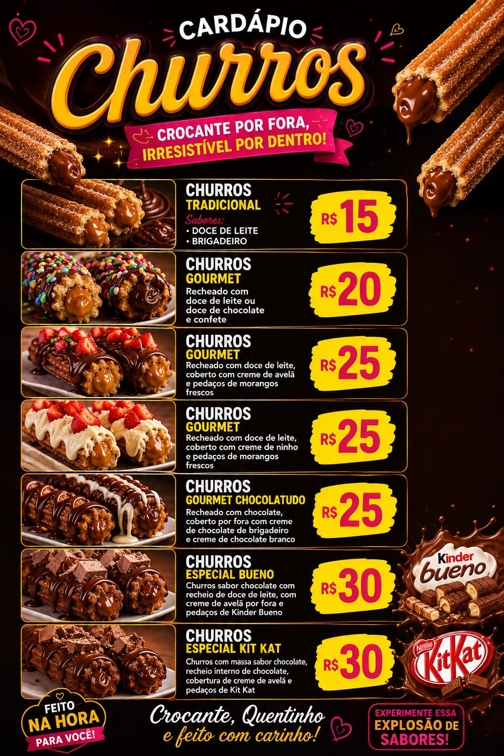 Cardápio de churros tradicionais, gourmet e especiais
